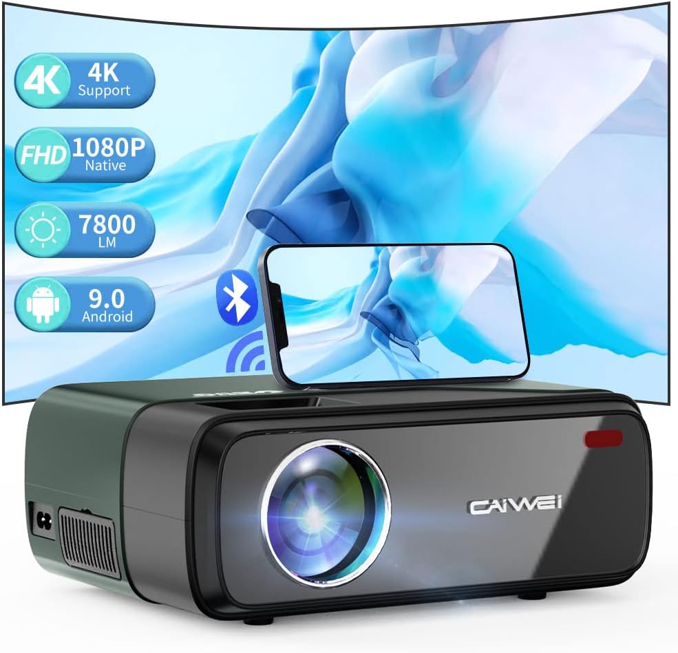 Mini WiFi Projector Native 1080P, Bilateral Bluetooth Projector for Smart Phone, Portable Indoor Outdoor Movie Projector Support 4K Home Theater with Android 9.0/Touch Panel/HiFi Speaker/HDMI/USB/VGA