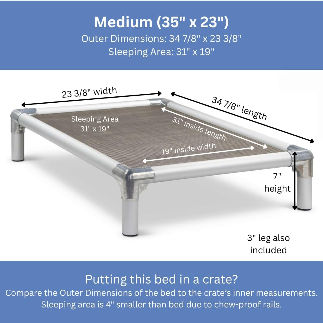 Kuranda Chewproof Elevated Crate Bed - Silver Aluminum - 35" x 23" - Sunsure Textilene Outdoor Mesh - Sierra