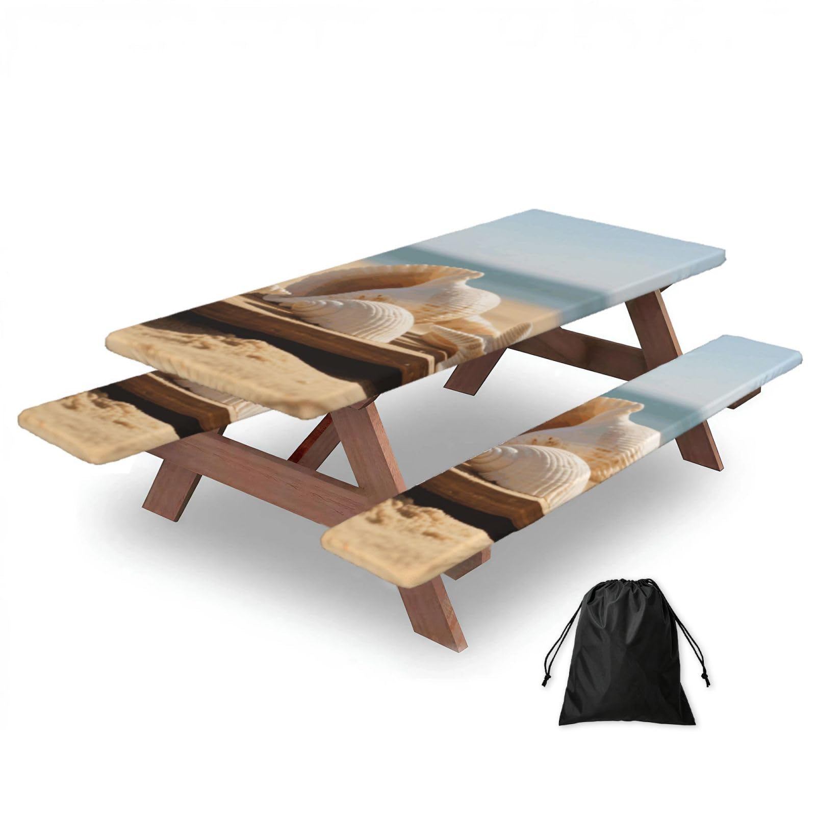 FekiLoot Beach Ocean Seashells Picnic Table Cover with Bench Covers and Bag, Windproof Waterproof Rectangle Tablecloth with Elastic Edges Fitted Camping Table Covers Portable Camping Accessories
