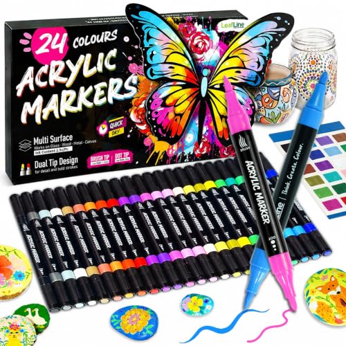24 Acrylic Paint Pens Dual Tip Acrylic Markers - Dot & Brush Tip Acrylic Paint Markers for Rock Painting Glass Ceramic Wood Stone Canvas & Fabric markers Paint Pens for Adults Kids DIY Craft