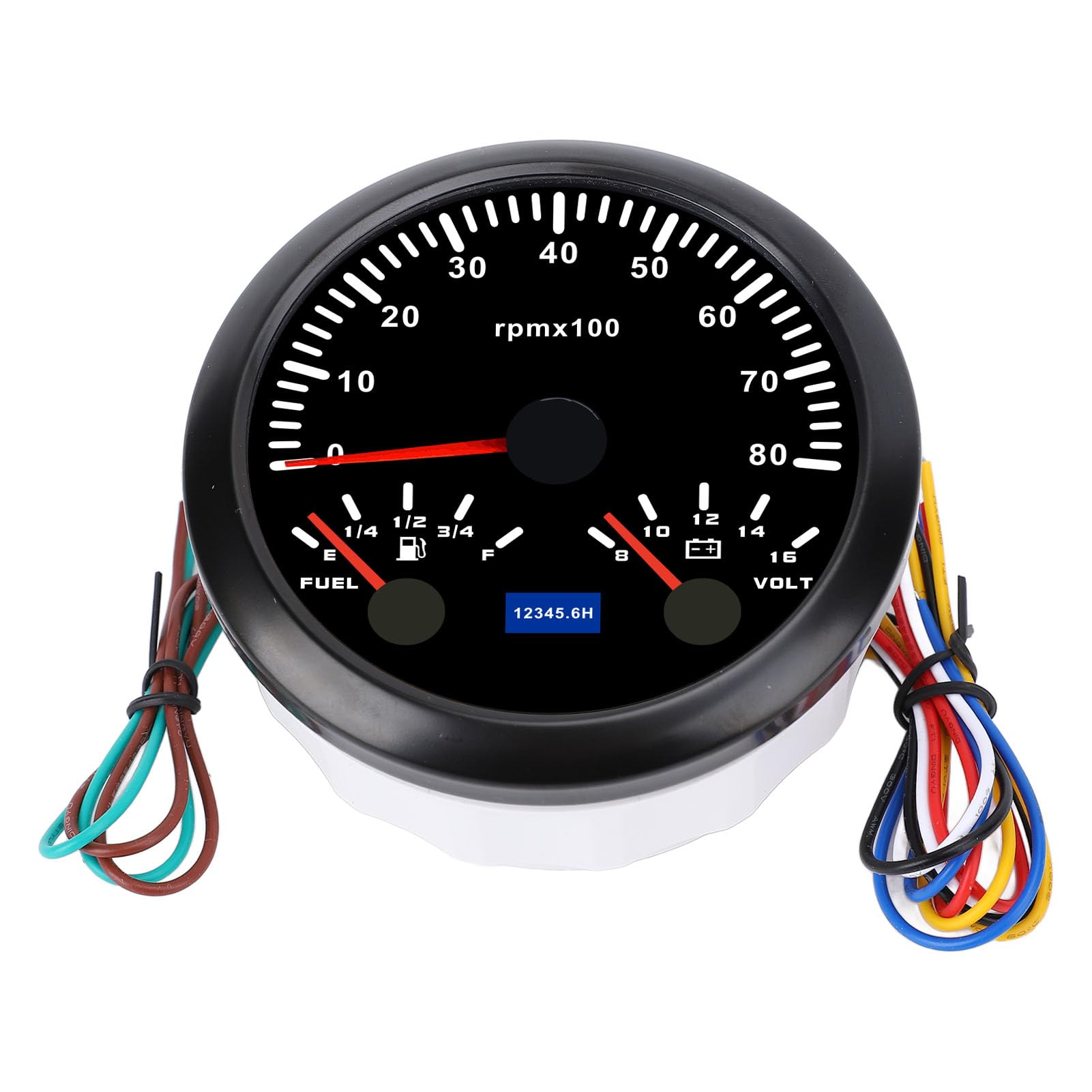 Tachymètre Polyvalent de 85mm, Jauge de Tension, Niveau Carburant 8000rpm 8-16V pour Voitures, Camping-cars, Bateaux (Cadran noir Lunette noire CX8299B)