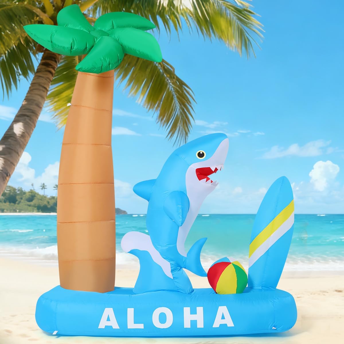 GOOSH 7.4 FT Summer Inflatable Shark with Palm Tree, Surfboard & Beach Ball Outdoor Blow Up Yard Decoration with LED Lights for Hawaiian Beach Party Garden Lawn Birthday Pool Decor