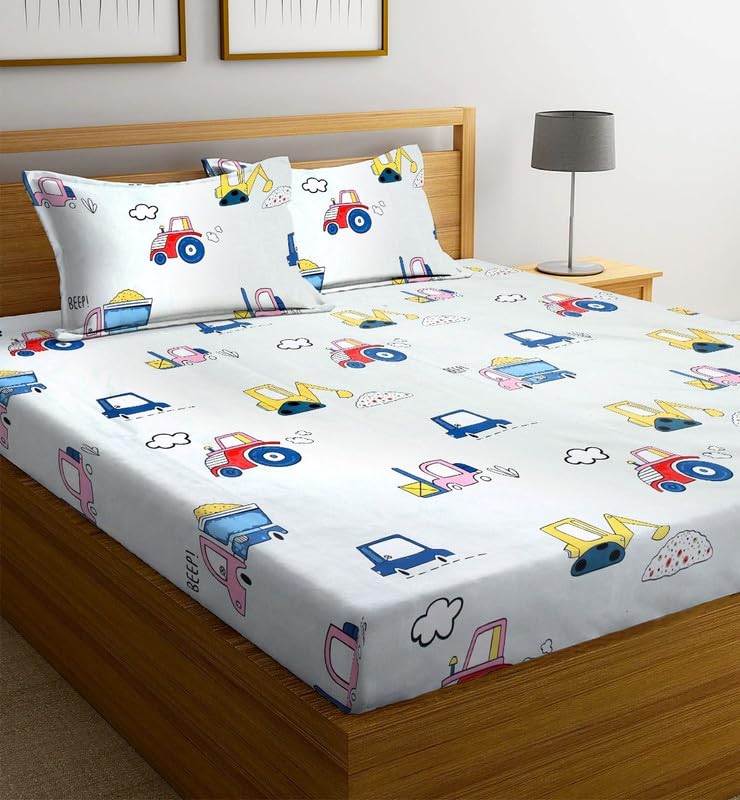 NHD HOME Premium Cotton Flat Double Bedsheets with 2 Pillow Covers | Double Bed Breathable | Wrinklefree | Ultrasoft 220 TC Supersoft | 90x90 Inches, 7X7.5 Feet | Kids Printed Bus Car Jeep (B0CC6MCZLX) Amazon Price History, Amazon Price Tracker