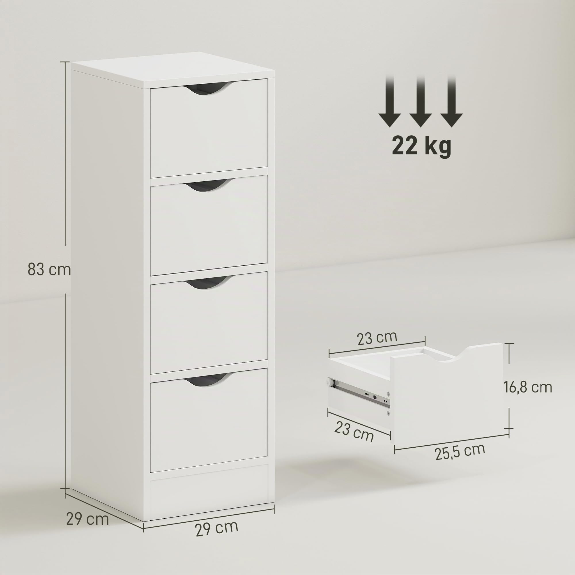 HOMCOM Meuble de Salle de Bain Meuble de Rangement 29 x 29 x 83 cm Blanc | 4 Tiroirs, Poignées Encastrées, Armoire Salle de Bain, Chambre, Salon, Idéal pour Petits Espaces