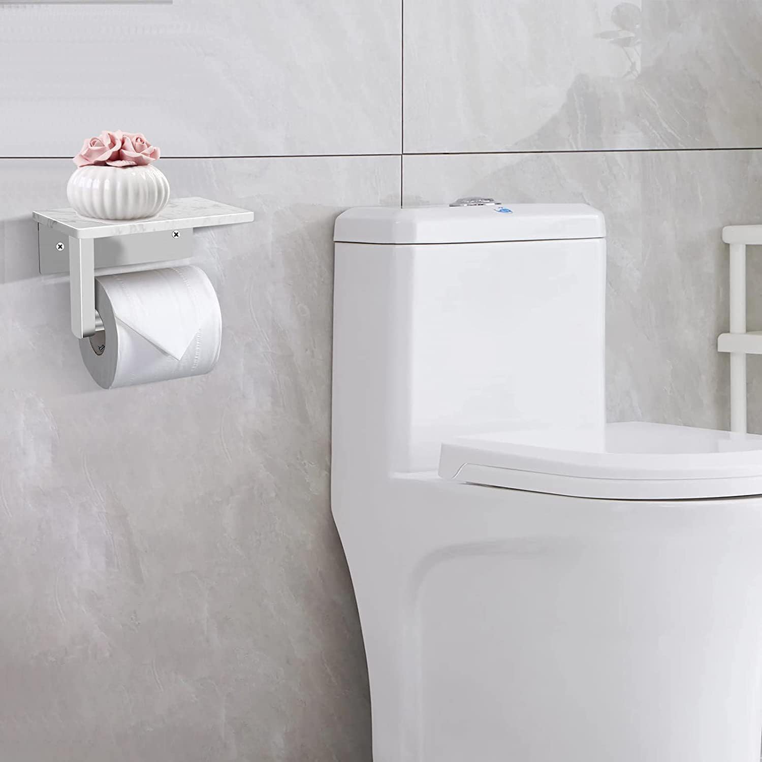 Portarrollos Papel Higiénico Sin Taladrar de Aceros Inoxidables，Soporte de Papel con Estante de Mármol Autoadhesivo Portarrollos de Pared，Modernidad Portarrollos para Baño Cocina(Blanco)