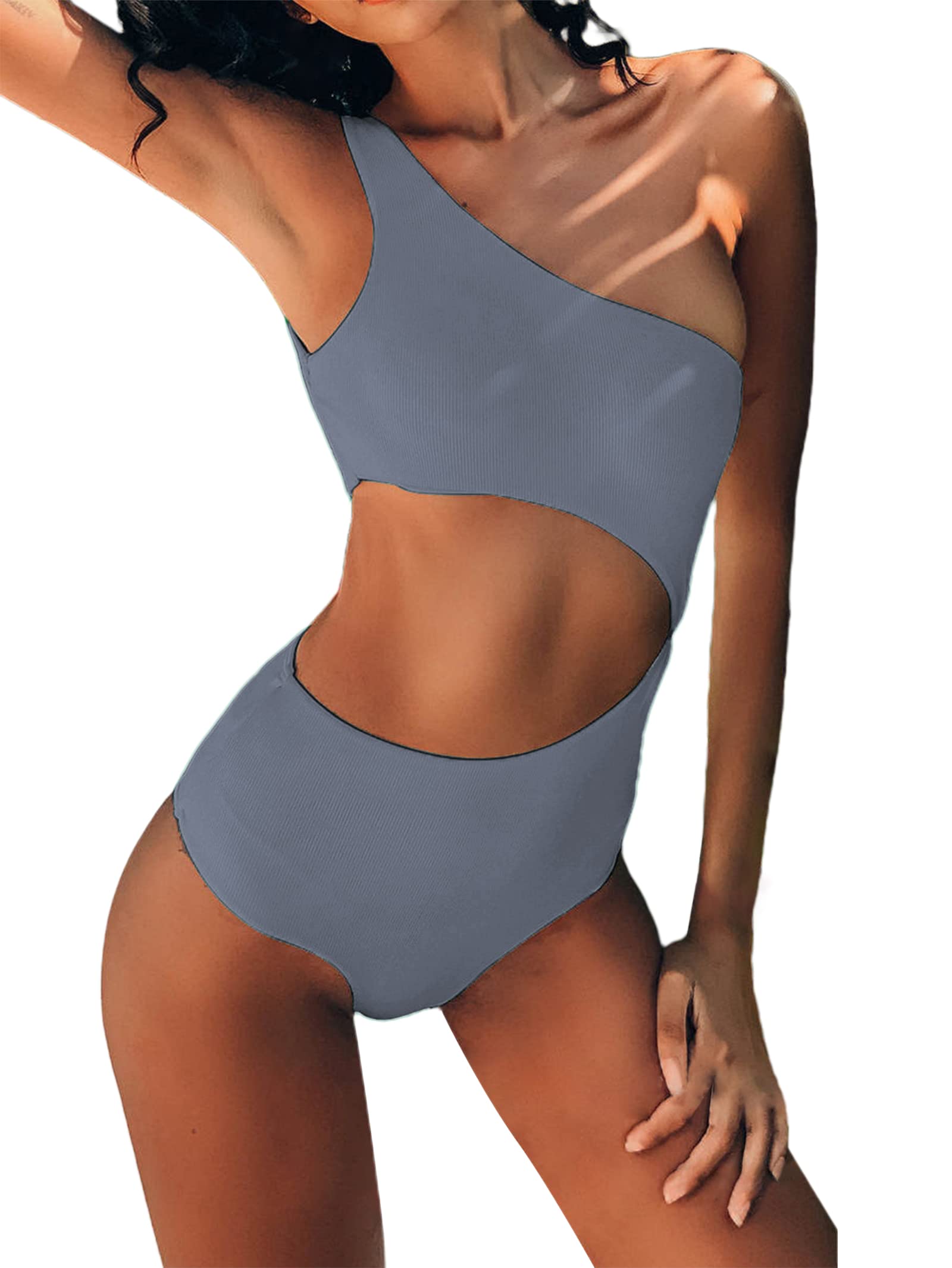 Photo 1 of Avanova Womens One Piece Swimsuit One Shoulder Cut Out High Waisted Bathing Suit Dusty Blue Large
