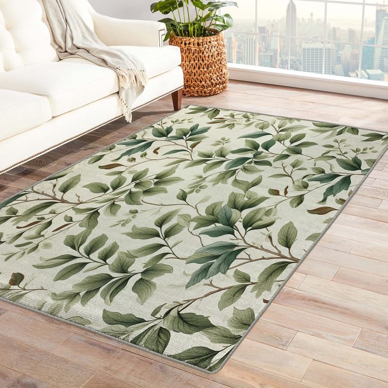 Washable Rugs for Living Room Bedroom, Leaf Rug & Home Decor, Green Leaves Area Rug 3x4, Non Slip Soft Low Pile Non-Shedding Indoor Carpet, Decorative