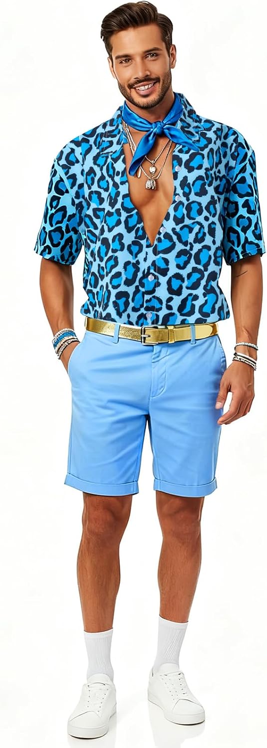3 Pcs Halloween Costume Blue Leopard Shirt Shorts Gold Belt