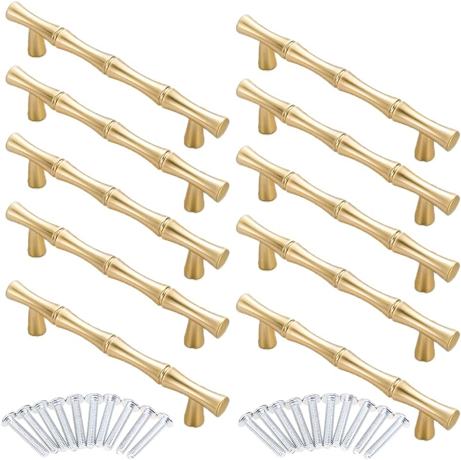 AchNau 10pcs Handles Hole Centers 33/4", Bamboo Shape Kitchen Cupboard Dresser Closet