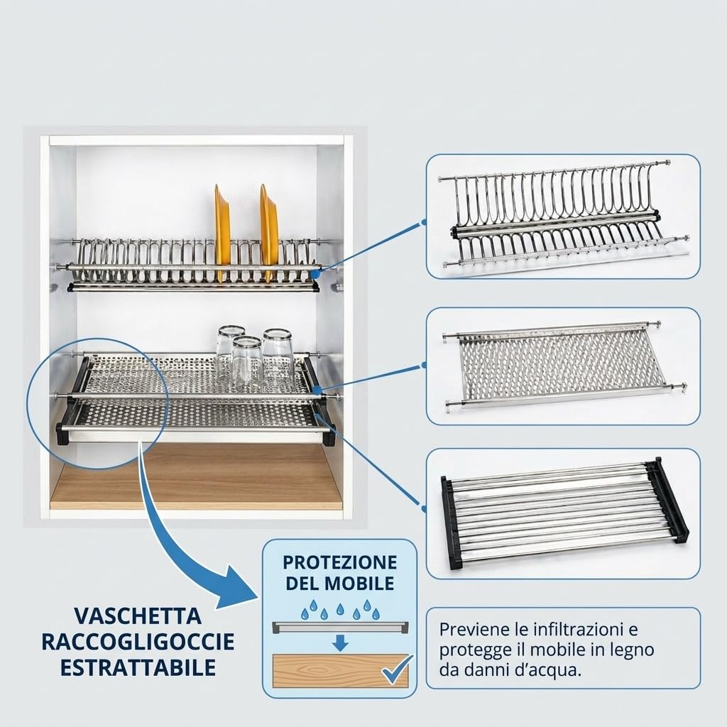 MAKA Scolapiatti da Incasso per Pensile 56 cm in Acciaio Inox a 2 Livelli, Portapiatti Verticale e Ripiano Bicchieri Tazze con Vaschetta Raccogligocce Estraibile, Scolapiatti da Mobile Cucina