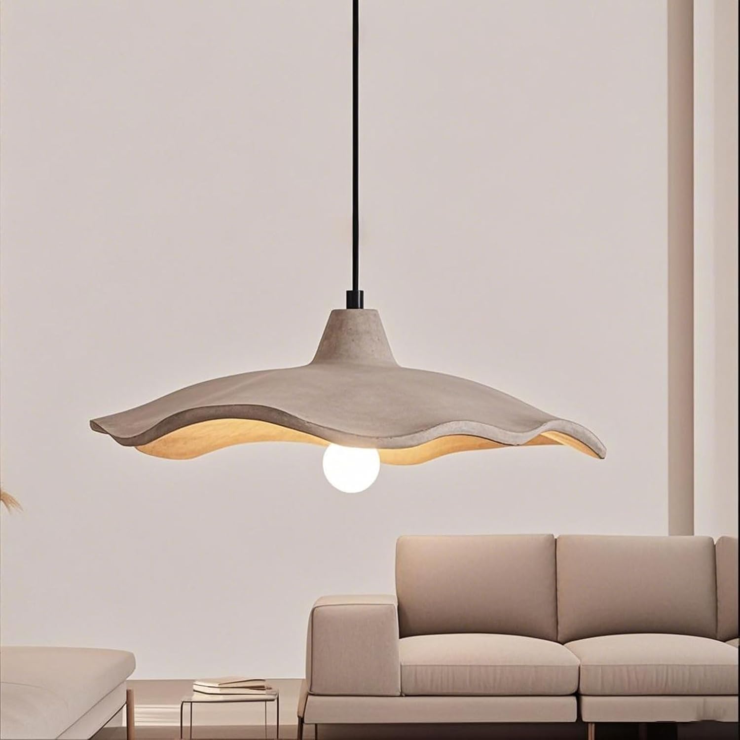 Vtamng One Color Modern Wabi-Sabi Style Concrete Lotus Flower Pendant Light Fixture Adjustable Grey Cement Hanging Lights Bedroom Chandelier Kitchen Island Unique Wave-Shaped Light Ceiling Lamps