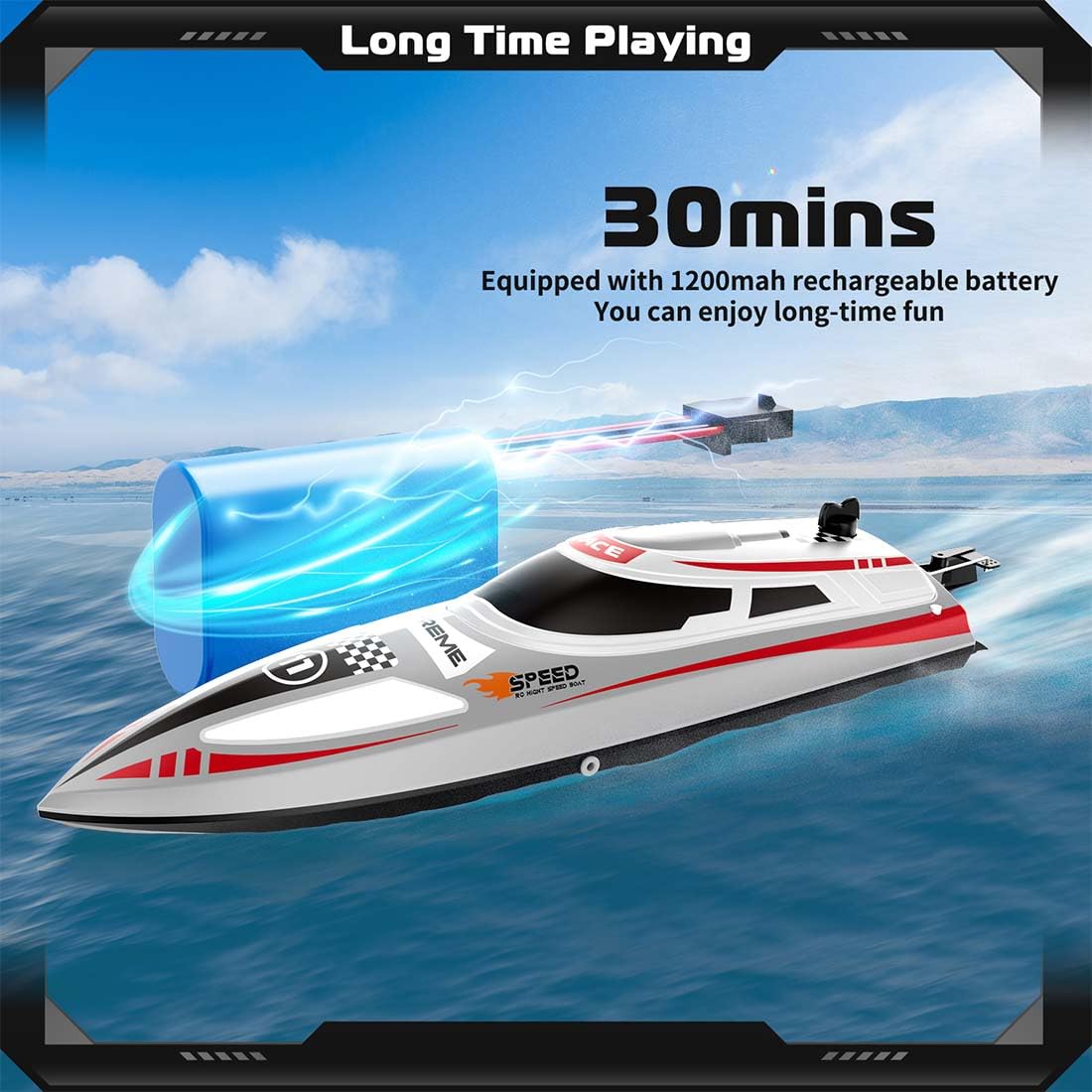Barca telecomandata, 2,4 G impermeabile RC Speedboat con luci LED, 30 minuti di gioco, 30 km/h, barca da corsa RC per piscine e laghi (versione RTR/grigio)