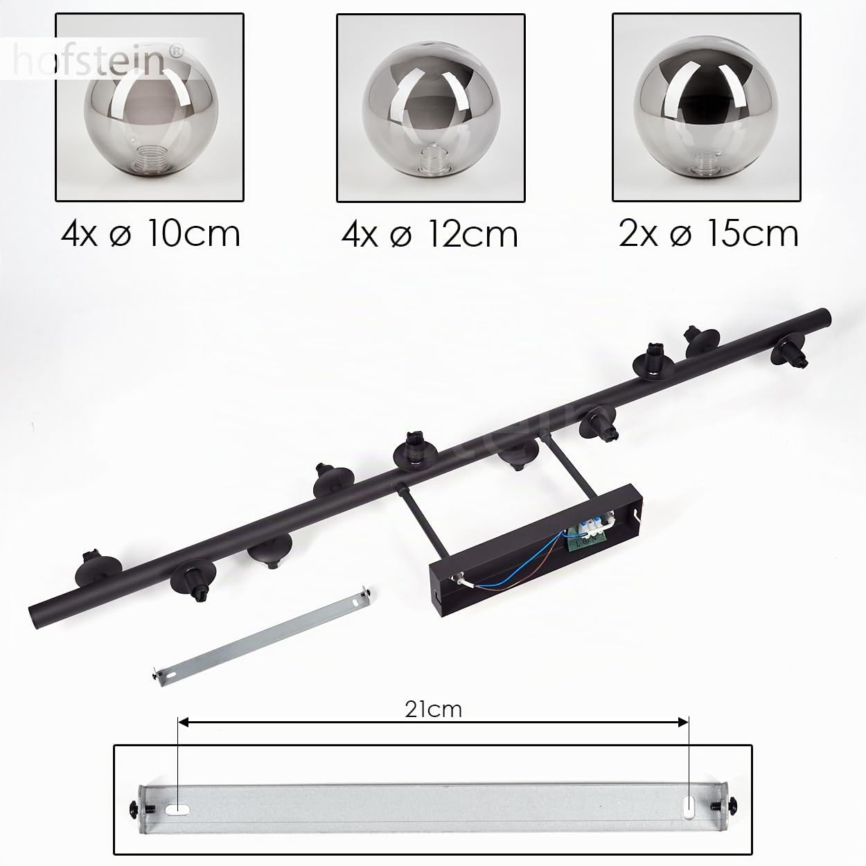 HOFSTEIN Plafoniera Chehalis, lampada da soffitto in metallo/vetro nero/fumé, illuminazione dal design moderno retrò/vintage con paralume in vetro (Ø 10 cm, 12 cm, 15 cm), 10 x G9, senza lampadine