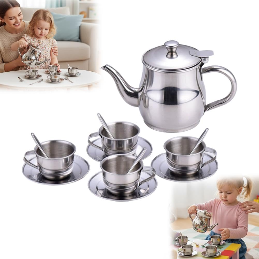 Kids Stainless Steel Tea Set, Real or Play Tea Party Set for Kid, Portable Stainless Steel Long Spout Teapot, for Children Pretend PlayParty Gifts Metal TeaSet for Kids Learning Role Play
