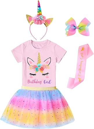 Doctor Unicorn Girls Birthday Costume Outfit Set Pink Yellow Blue Tutu, Unicorn Shirt, Headband, Hair Bow & Birthday Sash