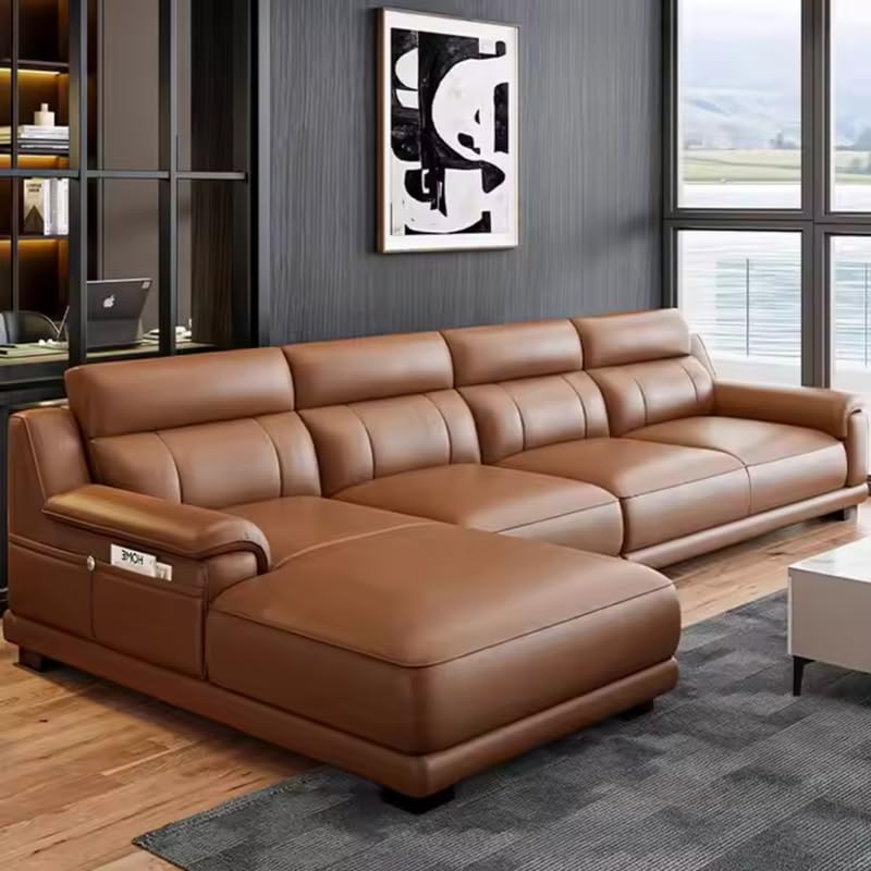 Image of Homax. Poppins Solid Sal Wood Italian Luxury High-End Villa Living Room L-Shape Sectional Modular Sofa Set in Leatherette Orientation RHS - Brown