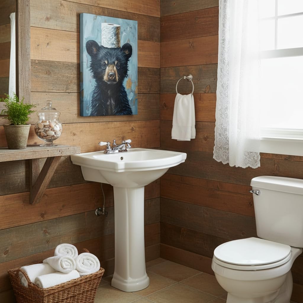 Funny Bathroom Bear Canvas Wall Art, Black Bear with Paper Poster Print Artwork, Humor Animal Painting Picture Wall Decor, for Kids Restroom, Cabin, Bathroom, Home Decoration, 16x24in