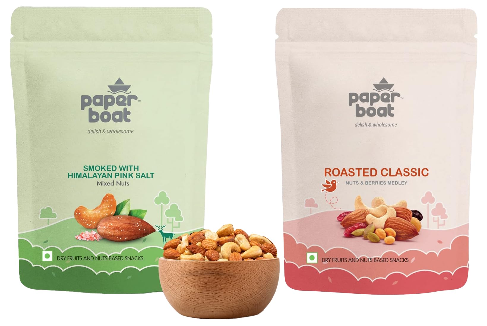 Paper Boat Smoked and Roasted Mixed Nuts with Himalayan Pink Salt, Pouch (200g) & Paper Boat Classic Roasted Nuts, Seeds & Berries Medley (200 g)