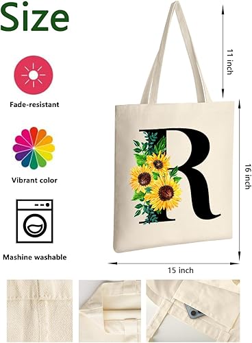 Miniatura 3 de AUSVKAI Bolsa de lona estética para mujer, lindas bolsas de girasol con iniciales de moda con asa para comestibles