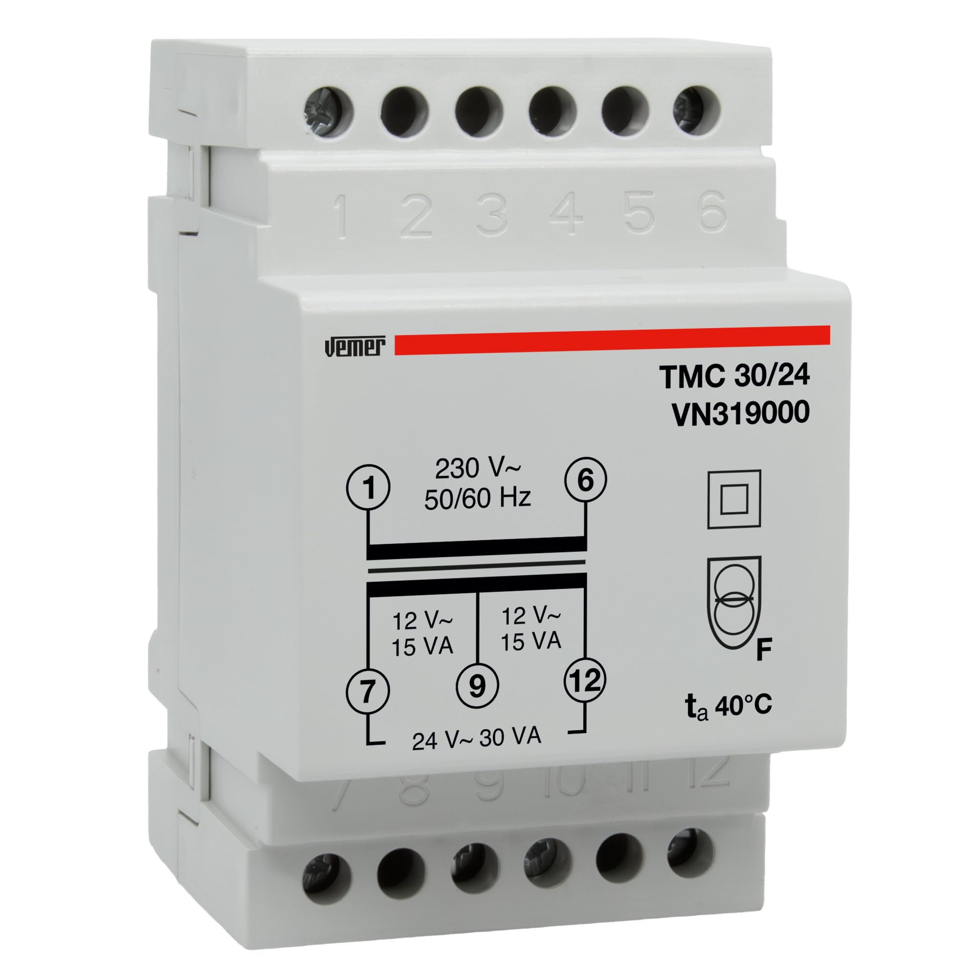 Vemer Vn319000 Transformer Tmc Service Continuous 230 V/12 V – 24 V Power 30 Va 30/24 Hat – Light/Grey