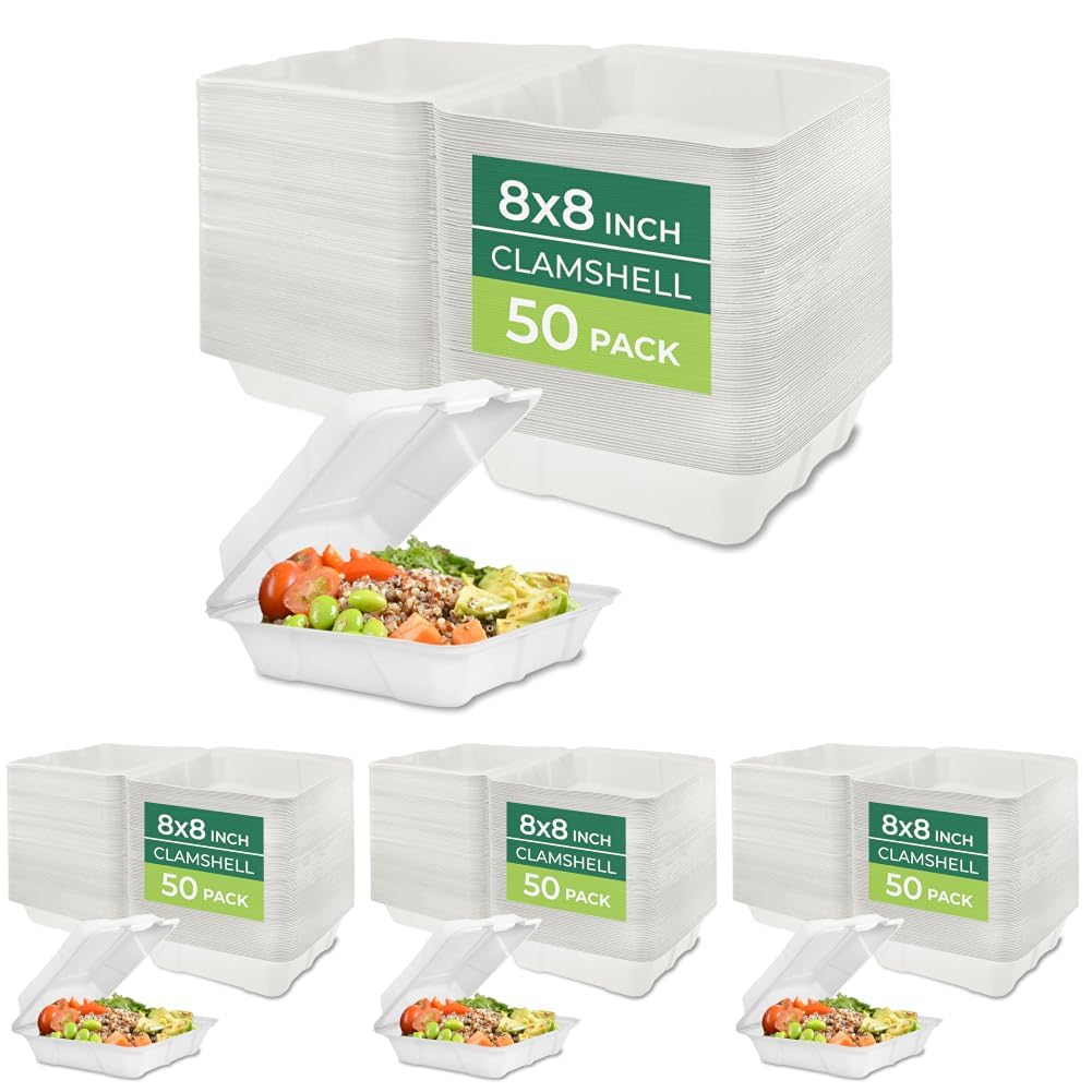 Freshware Compostable Clamshell Food Containers, Biodegradable Sugarcane To Go Boxes, Heavy Duty Paper Container - Microwave &amp; Freezer Safe, Stackable,50 Count, 8 x 8 Inch (Pack of 4)