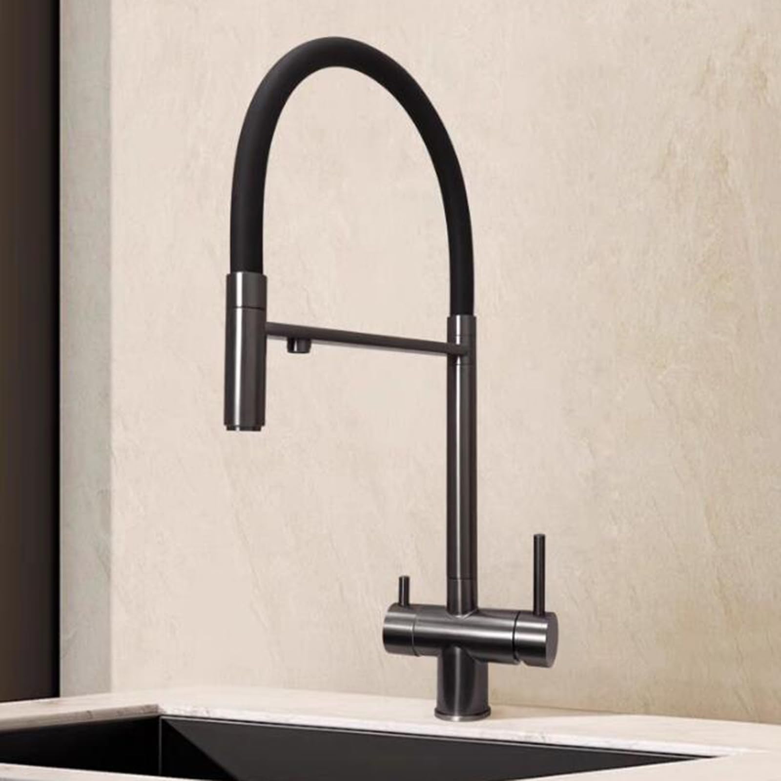 ZQFHSX Flexible Stainless Steel 3 Way Kitchen Mixer Tap with Swivel Spout and Dual Handles
