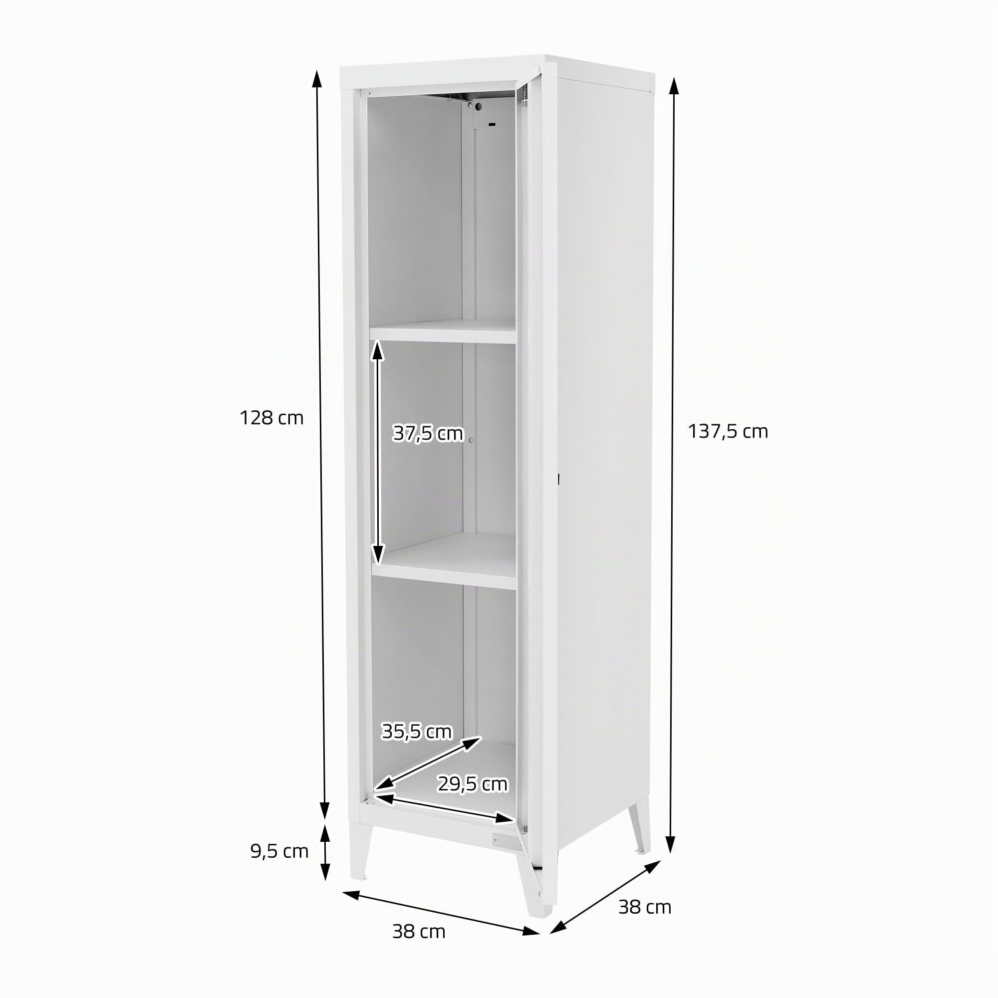 ML-Design Schedario Alto 38x38x137,5 cm Bianco Acciaio Mobile da Ufficio a 4 Gambe Armadio per Archiviazione in Metallo a un'Anta, 3 Scomparti Interni Comodino Mobiletto Portadocumenti Armadietto