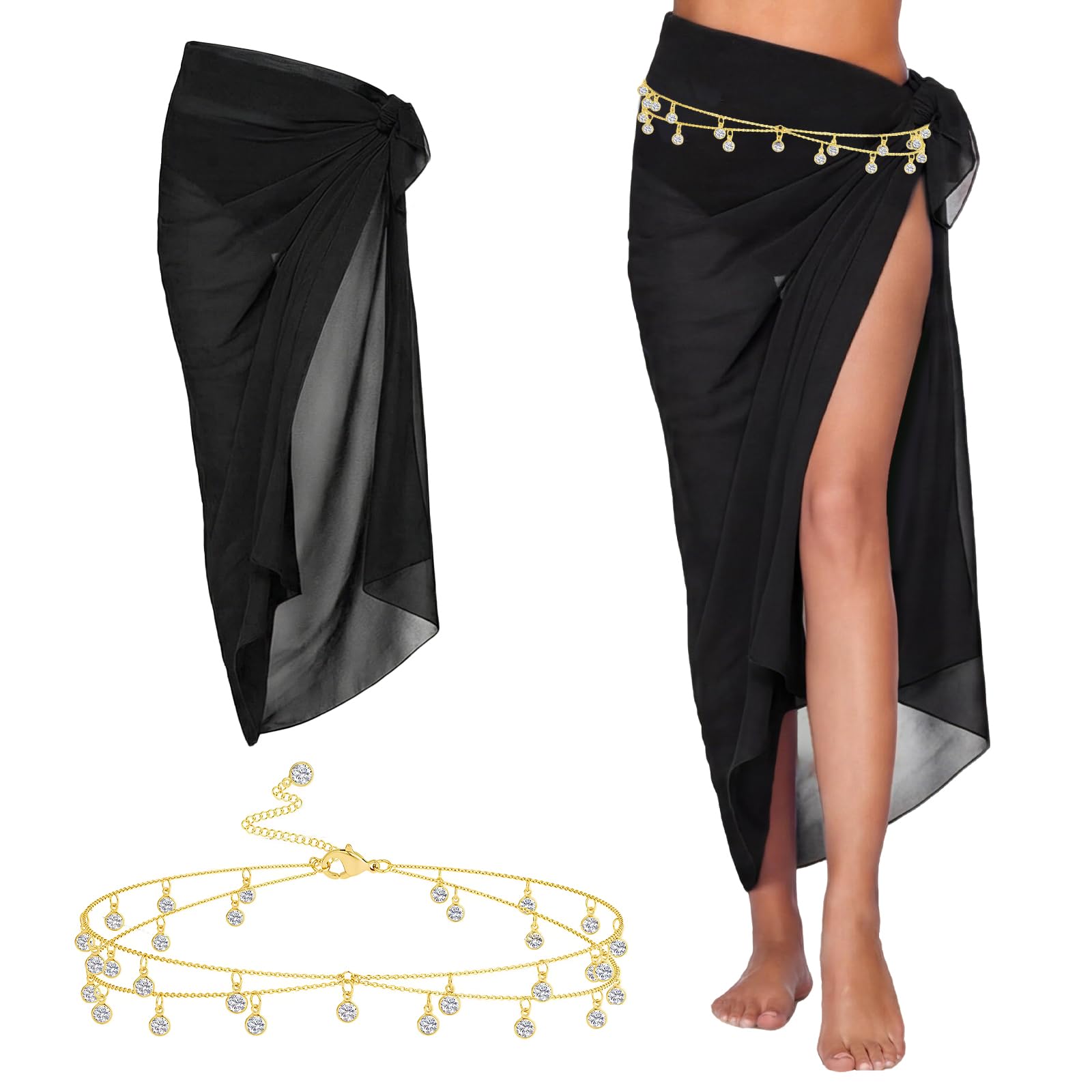 Rudfovn Women's Black Beach Sarongs For Summer Chiffon Bikini Sarong Wrap, Long Cover Up For Swimming, Beach, Pool