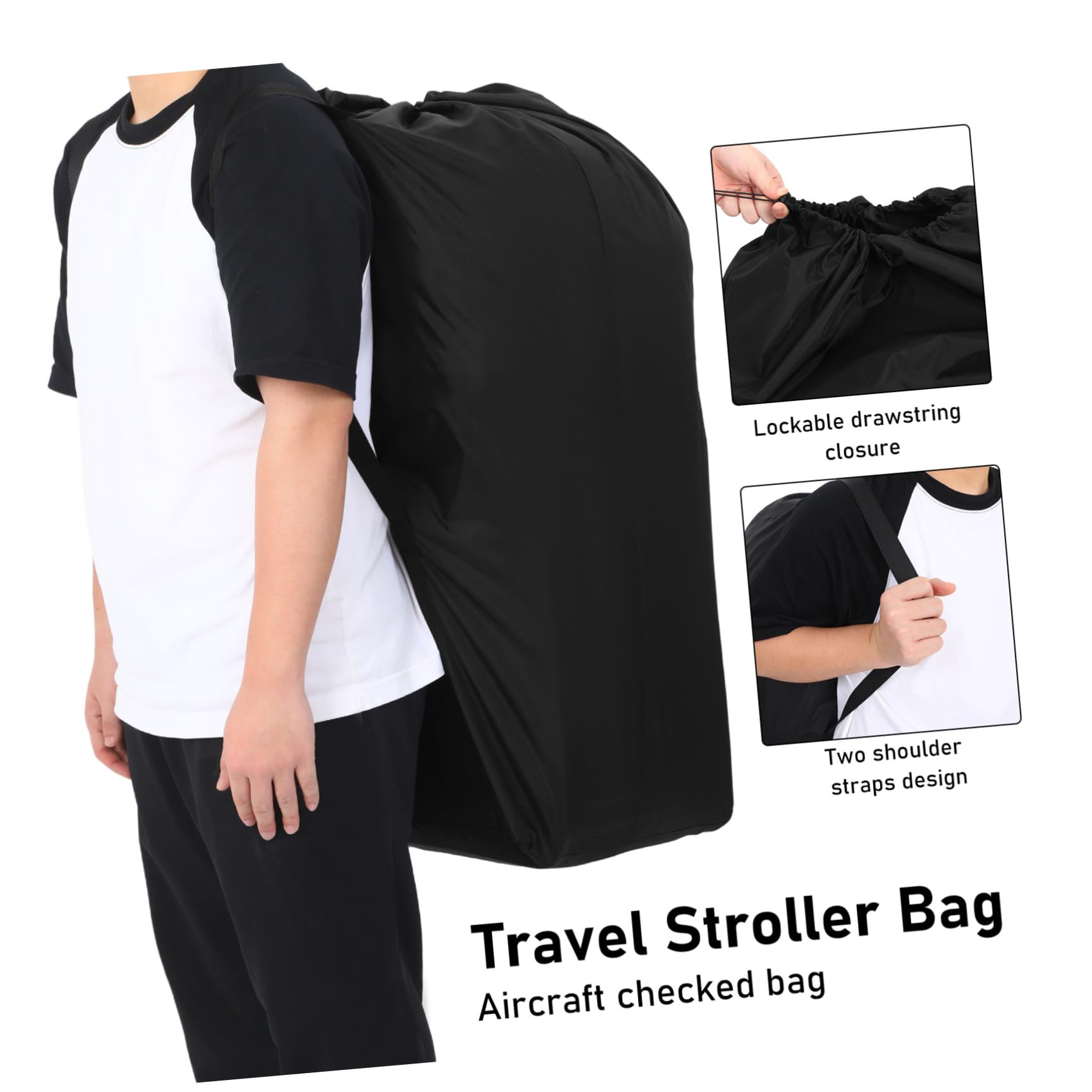 Borsa da Viaggio per Passeggino Compatibile la Maggior Parte dei Modelli, in Nylon Nero Chiusura a Cordoncino Bloccabile e Cuciture Rinforzate per Viaggi in Aereo