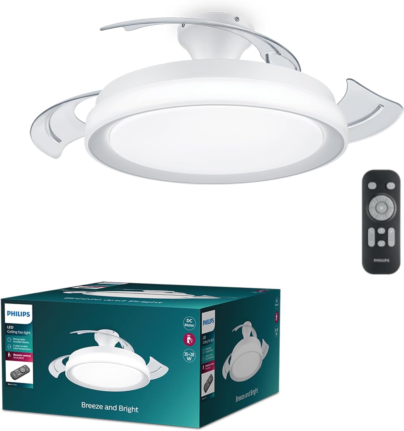 Philips Ventilador de Techo Bliss con luz LED 28W, motor DC (35W), aspas retráctiles, color Blanco, 3 temperaturas de luz, Mando Incluido, Modo Invierno/​Verano, (versión 2024)