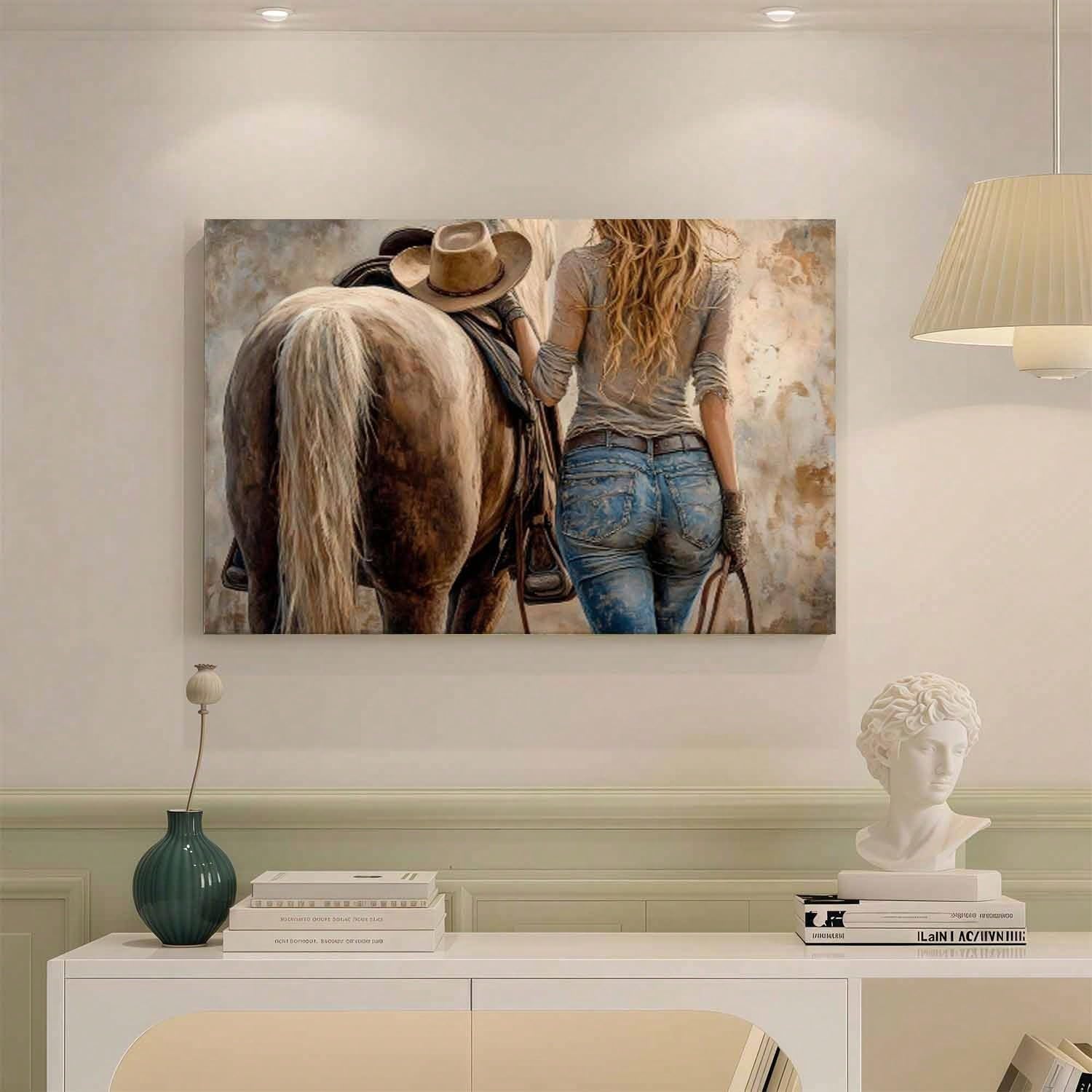 LYBCEOUG Wanddeko „Cowgirl“, Leinwanddruck „Reiterin mit Pferd“, Schlafzimmer-/Wohnzimmerdekoration (50 x 70 cm/mit Rahmen)
