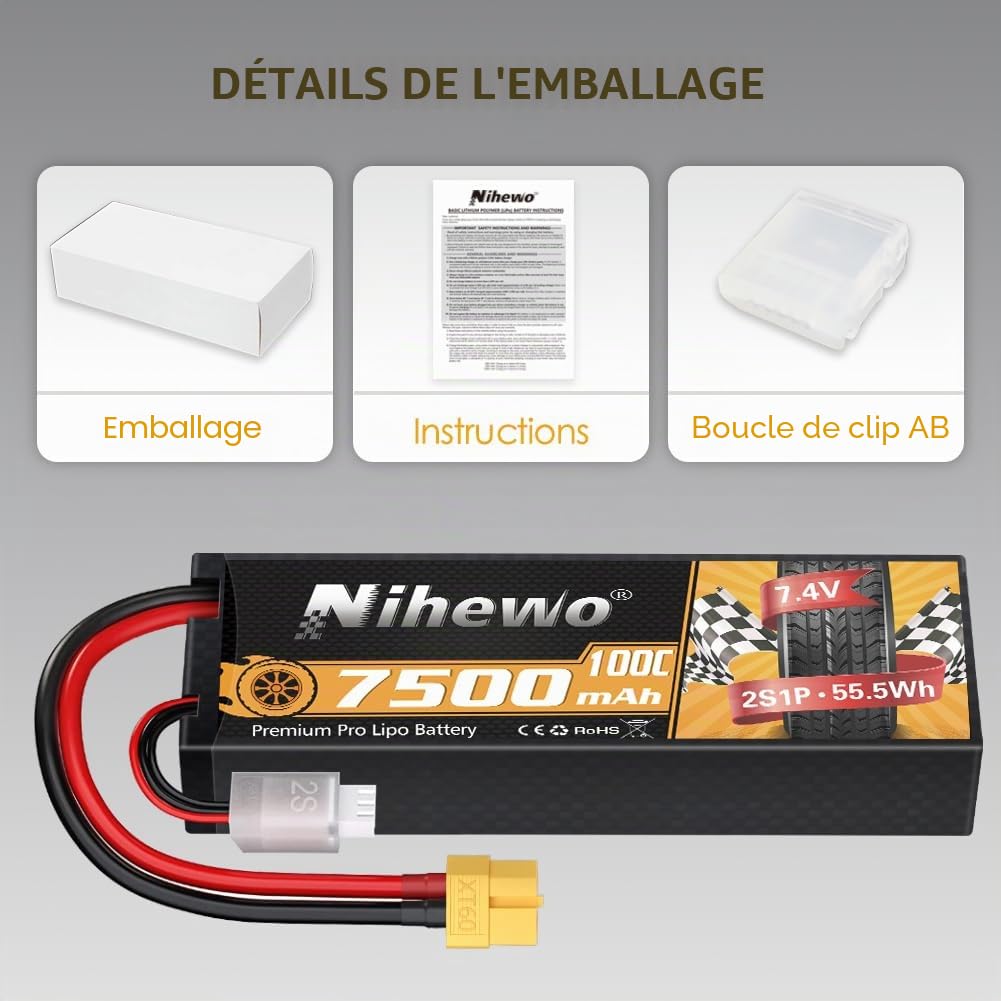 2Packs 2S Batterie Lipo, 7,4 V 7500 mAh RC Batterie 100 C Étui Rigide Lipos XT60 Connecteur Compatible avec 1/8 1/10 RC Voiture Camion Truggy Véhicules Réservoir Bateau Avion Modèles
