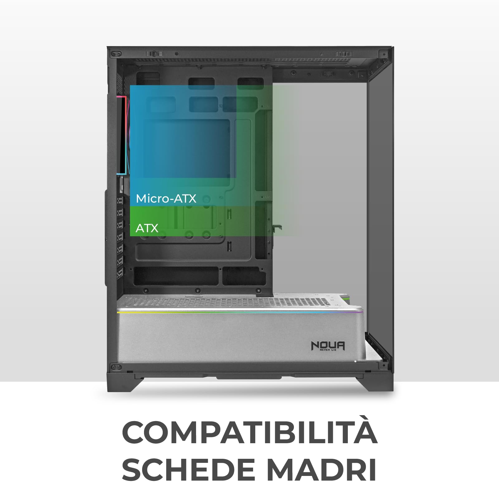 Noua Utopia FS100, Case Gaming ATX, Triplo Vetro Temperato Continuo Senza Cornici, Ventola ARGB e Strip LED ARGB, Supporto Raffreddamento Liquido fino a 360mm, Silver