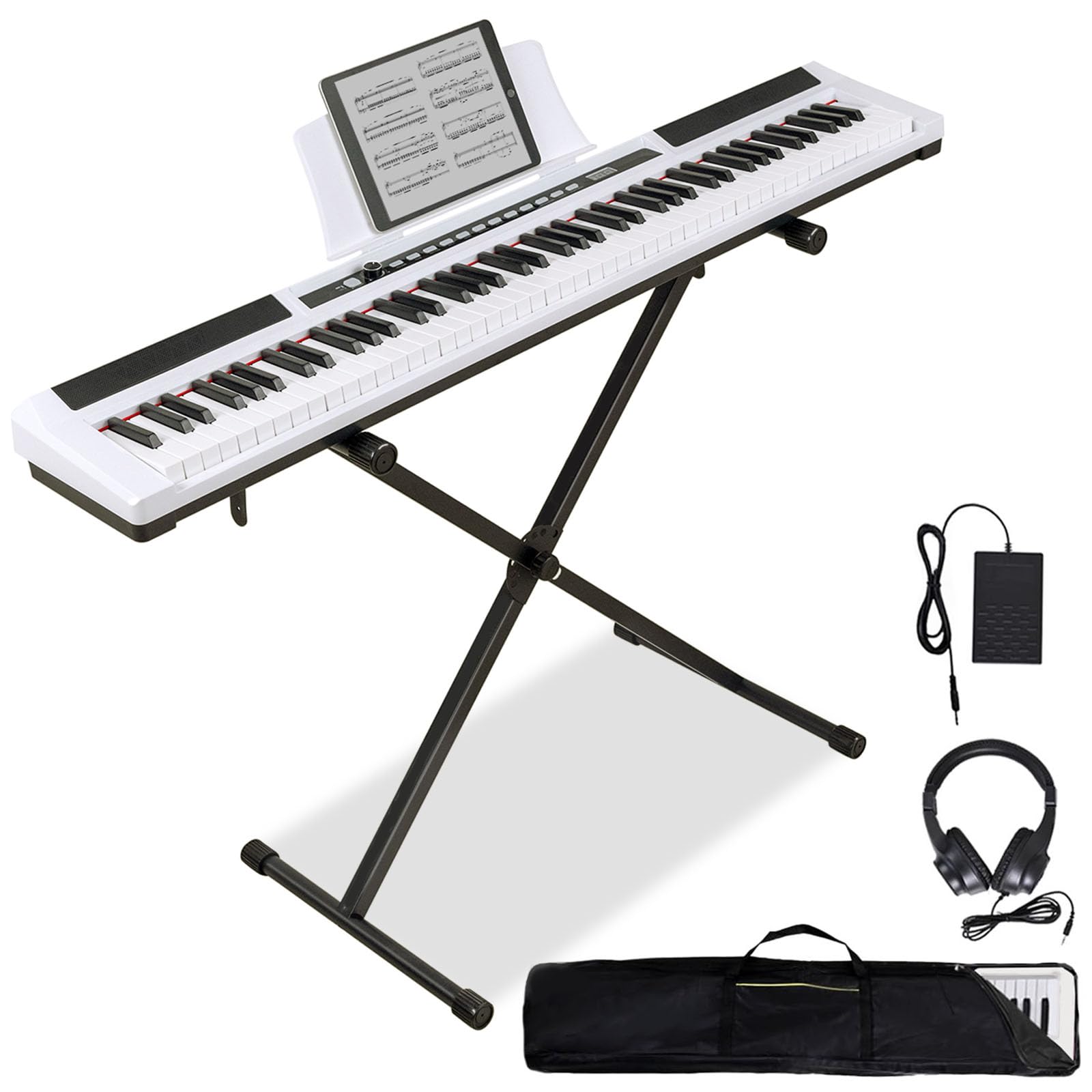 UISCOM Piano Keyboard 88 Keys Semi-weighted Compact Portable Electric Digital Piano Set for Beginners with Stand, Carrying Case,Sustain Pedal,Headphones (White Piano Keyboard)