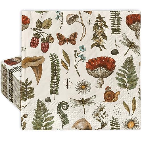 AnyDesign 80Pcs Vintage Mushroom Paper Napkins Disposable Mushroom Plants Luncheon Napkins Retro Style Dessert Dinner Hand Napkin for Autumn Birthday Wedding Party Supplies, 6.5 x 6.5 Inch