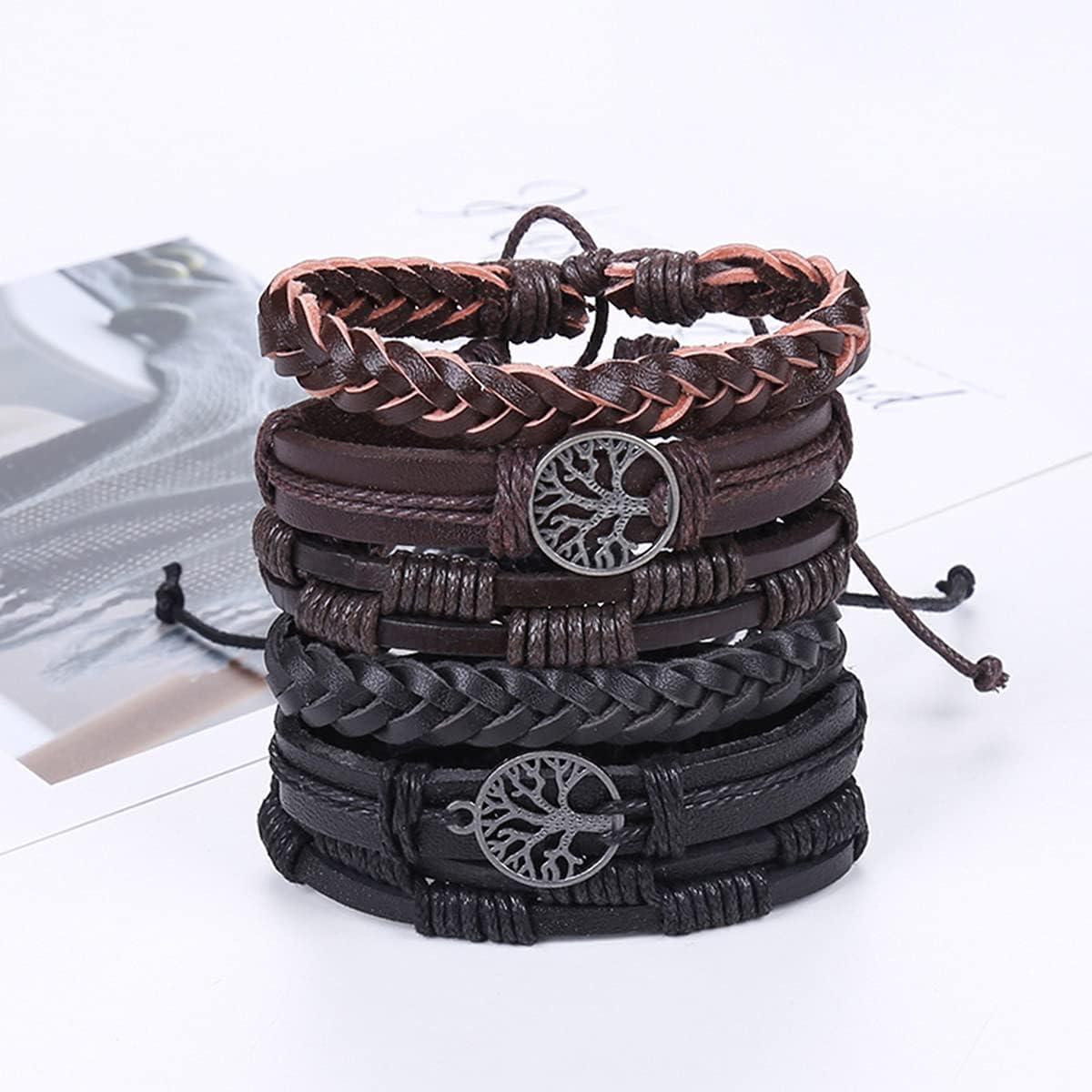 CASDAN 27Pcs Braided Leather Bracelets for Men Women Wooden Beaded Cuff Wrap Bracelet Set Wood Ethnic Tribal Bracelets Adjustable Black and Brown: Clothing, Shoes & Jewelry