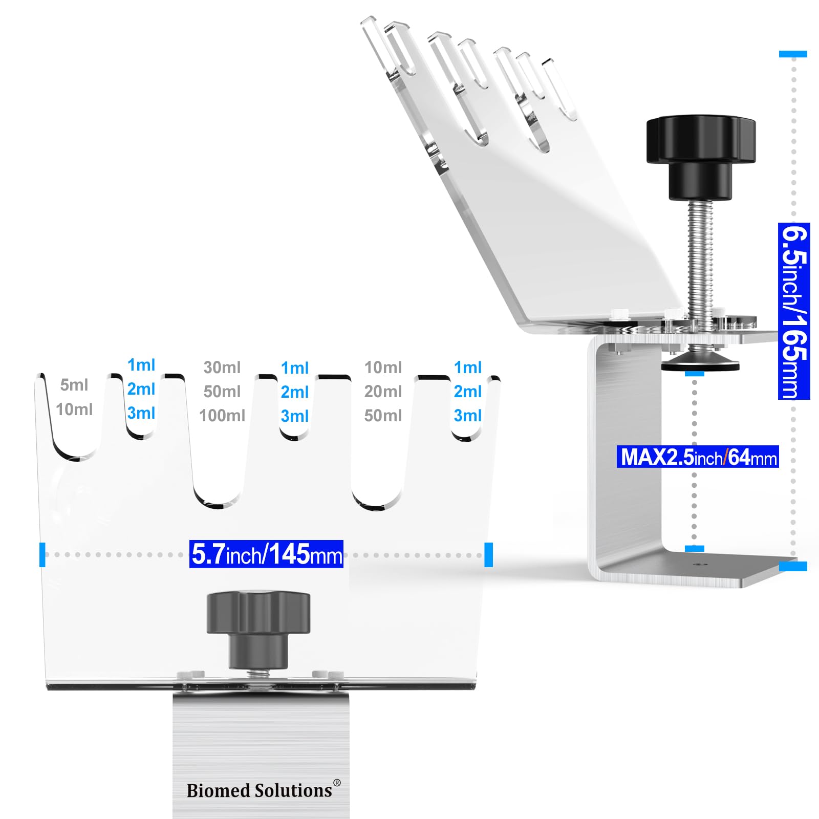 Biomed Solutions Support transparent mains libres pour flacon de médicaments avec 6 emplacements et couvercle de sécurité en option, pince réglable jusqu'à 3,8 cm d'épaisseur, s'adapte à différentes