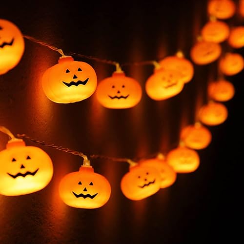 Runleo Guirnalda de luces de calabaza de Halloween 20 LED de 9.8 pies 3D lindo impermeable naranja Jack-O-Lantern funciona con pilas, 2 modos de