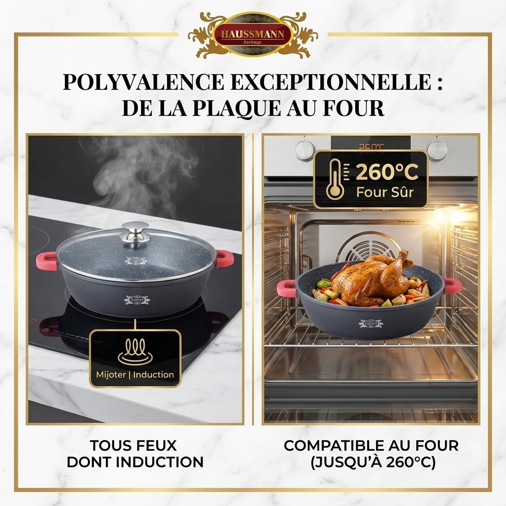 Haussmann Héritage Sauteuse Façon Pierre avec Couvercle Verre – Fonte d'Aluminium Induction & Four (260°C) – Poignées Silicone Isolantes – Grande Capacité pour Cuisine Familiale (40cm/9cm/10L)