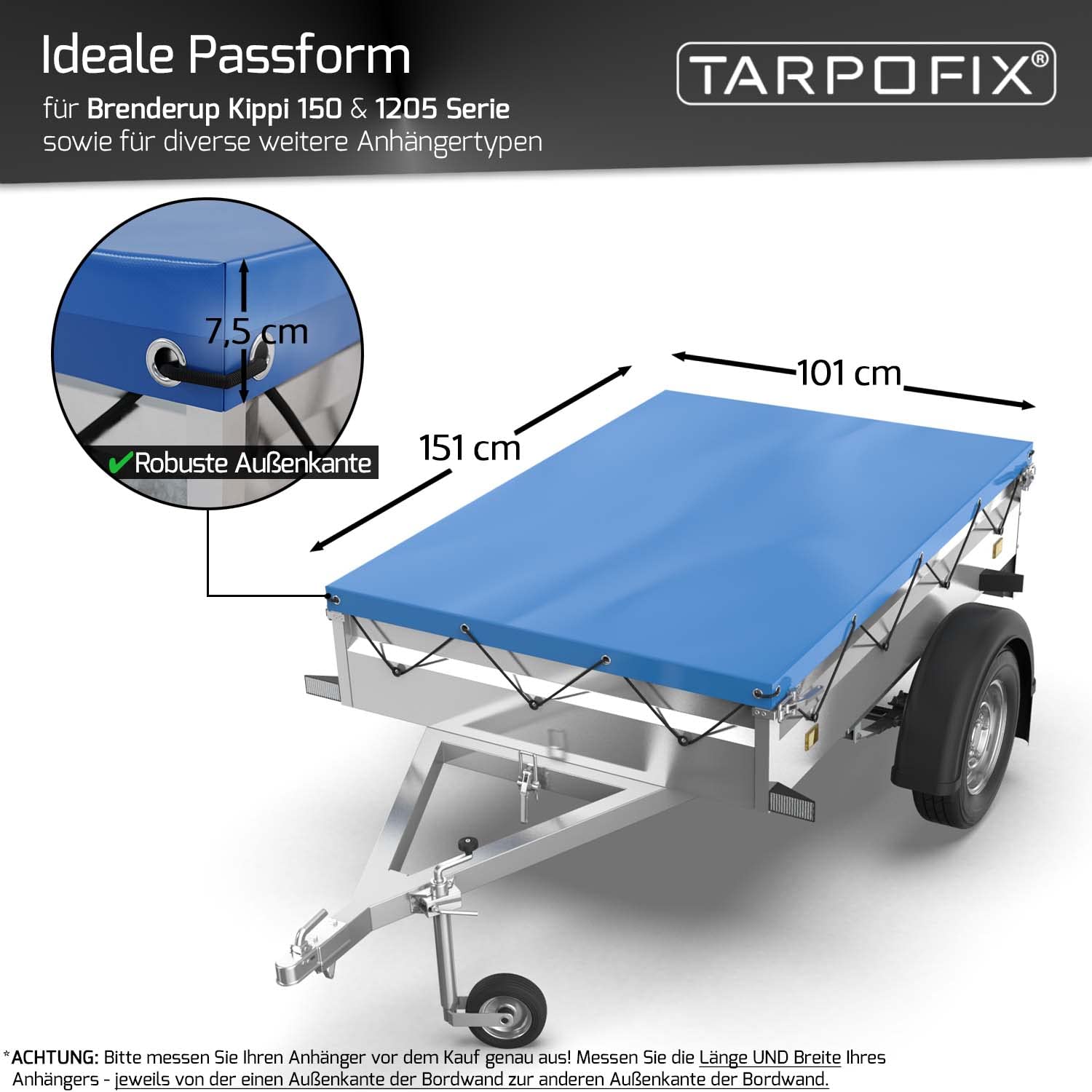 Tarpofix Pokrowiec na przyczepę samochodową 151 x 101 x 7,5 cm w zestawie linka do plandeki - wzmocniona krawędź i osłona przyczepy z materiału PVC - plandeka PCW idealna do różnych modeli przyczep