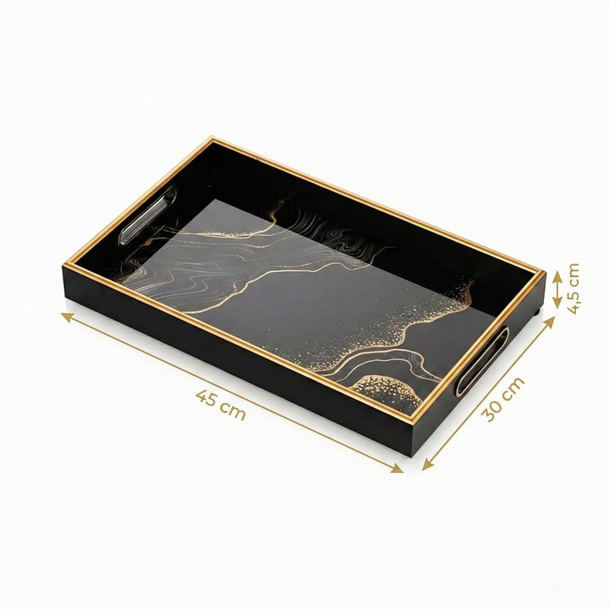 Bandeja de lujo Oro Negro 45x30 cm – Elegante bandeja para servir de vidrio y plástico – Bandeja decorativa moderna con asas – Elegante organizador para sala de estar, cocina o dormitorio