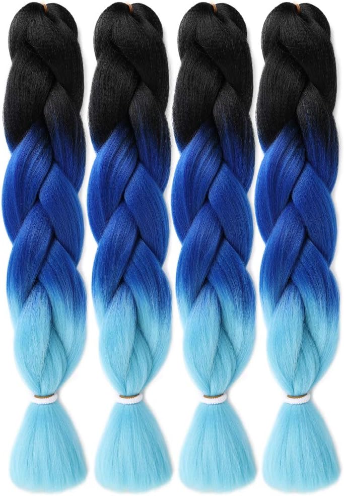 4Pcs/Lot Kanekalon Braiding Hair Ombre Blue Jumbo Braiding Hair Extensions Synthetic Crochet Braids Hair 24Inch 3Tone Twist Braid Hair (100g/Pcs)
