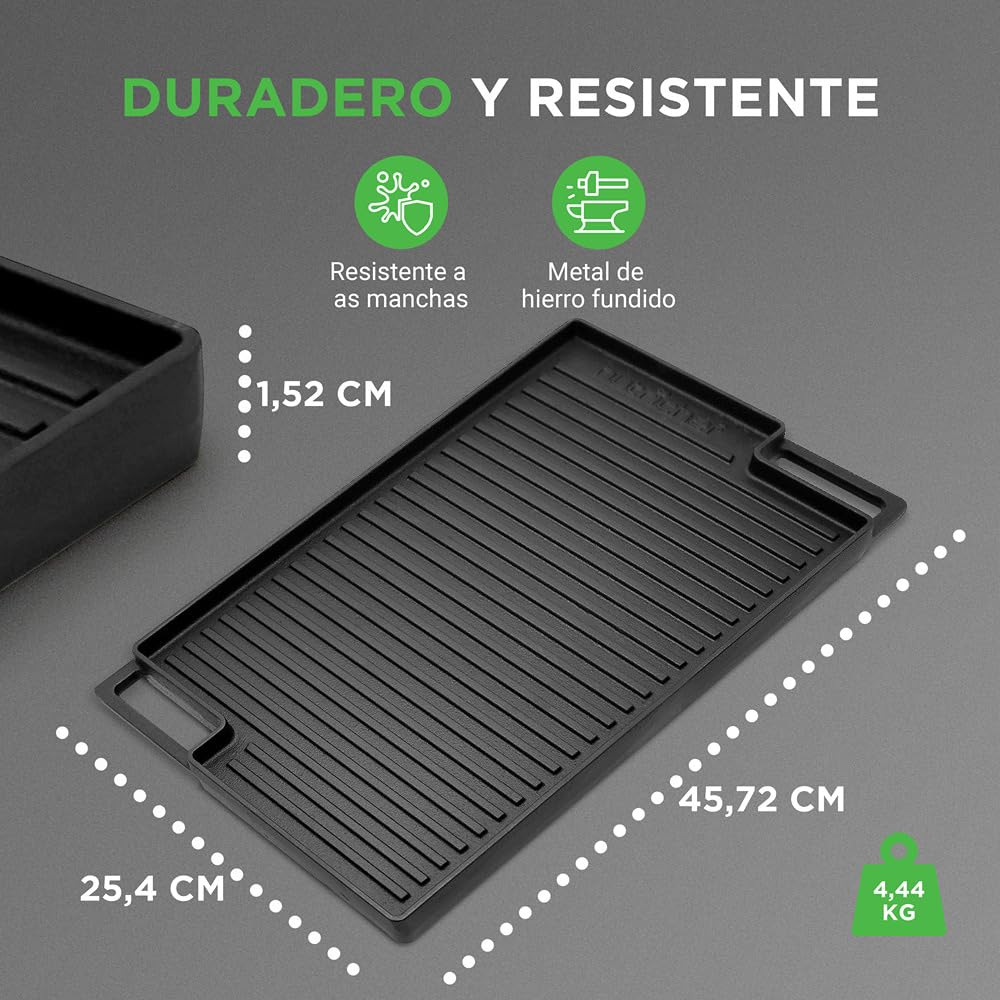 NutriChef Placa de Hierro Fundido, para Horno, Estufas, Plancha Reversible, Incluye Guante de Silicona, Parrilla