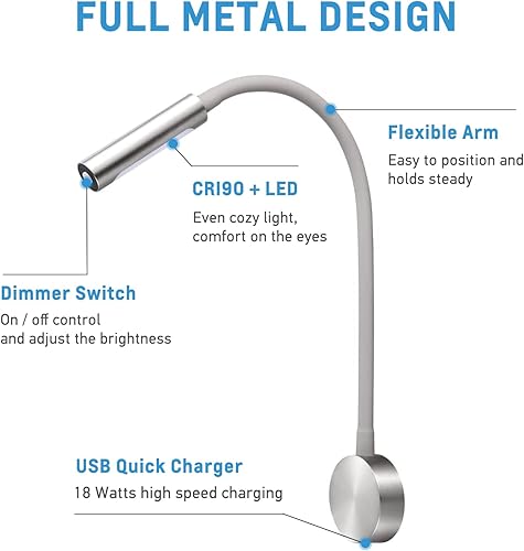 Miniatura 7 de acegoo Lámpara de pared de cuello de cisne flexible de 12 V para casa rodante, barco, cámper, camioneta, lectura de cabecera o asiento, cargador USB