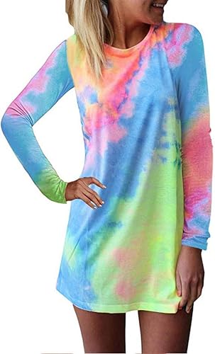 LATINDAY - Vestido de túnica de manga corta y larga con tinte para atar, L, Azul Patchwork