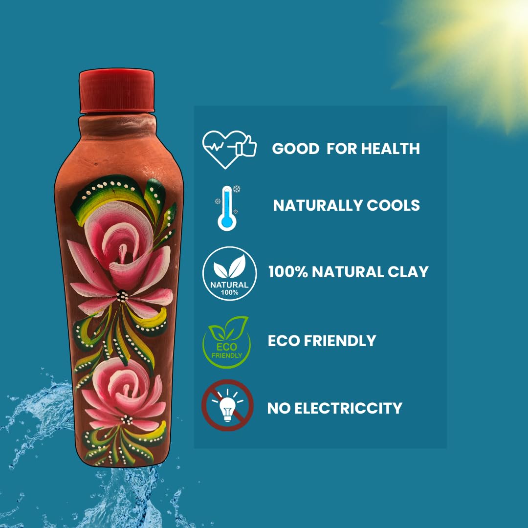 Botella de agua de arcilla roja con tapa, terracota hecha a mano, a prueba de fugas y naturalmente refrescante, botella ecológica con estampado de flores para agua potable (1000 ml
