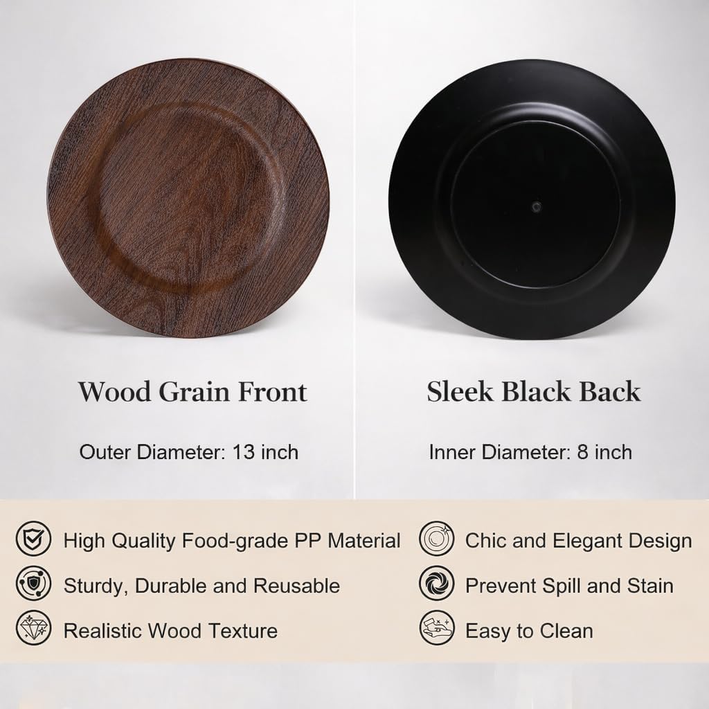 13in Charger Plates Set of 12- Faux Wood Chargers for Dinner Plates- Brown Round Plastic Plate Chargers- Farmhouse Rustic Table Chargers for Wedding, Party,Halloween, Thanksgiving, Christmas
