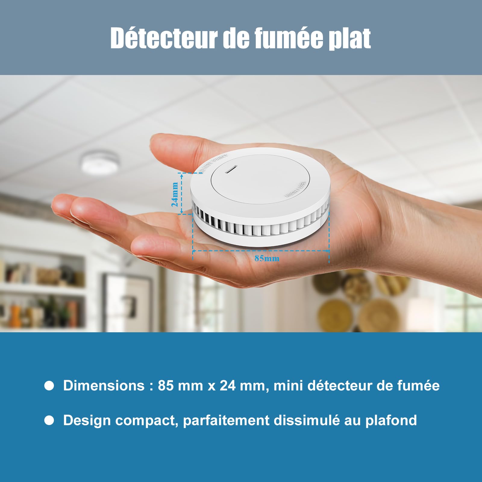 Détecteur de fumée avec Pile de 10 Ans, Support magnétique, sans perçage, certifié TÜV Rheinland, Alarme Incendie sans LED Clignotante, Fonction silencieuse, Petit détecteur de fumée, EN14604,10unità