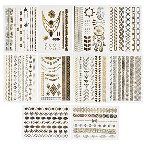 BeneU Temporary Tattoos Body Art Stickers Waterproof Removable Shiny Jewelry Flash Tatoos High Gloss Shimmer Designs in Gold, Silver, Black 10 Sheets
