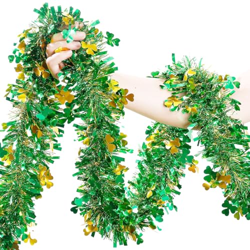 St Patricks Day Garland Decor,50Ft Glitter Tinsel Irish Shamrock Garland Decorations...